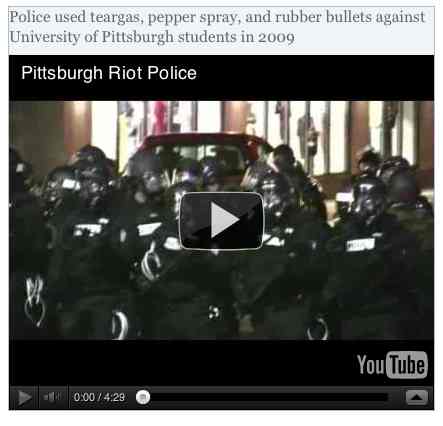 Image to go with video of: Police used teargas, pepper spray, and rubber bullets against University of Pittsburgh students in 2009